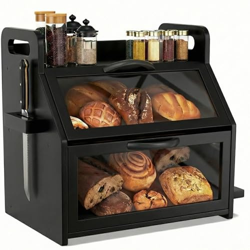 BAMBANG Brotkasten Bambus 2 Etagen Groß,Brotaufbewahrung Frischhalten Brotbehälter Brotschrank Bread Box Holz,Brotaufbewahrungsbox Brotkorb Brotkästen Brotbox Modern Küchen Brot Aufbewahrung Schwarz