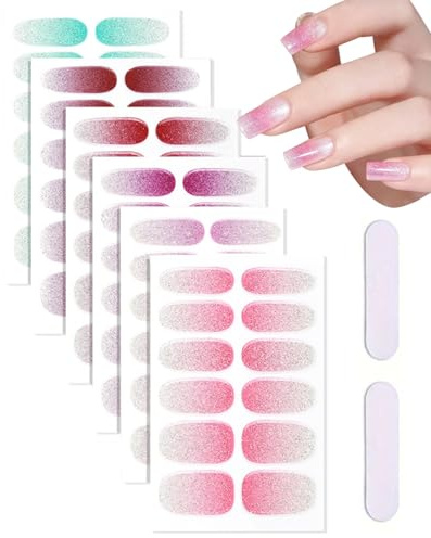 HUVZOR 12 Pezzi Unghie Gel Adesive UV Glitter Rosa Chiaro Smalto Adesivo per Unghie Gel Nail Stickers Decorazioni Unghie Nail Art Disegni