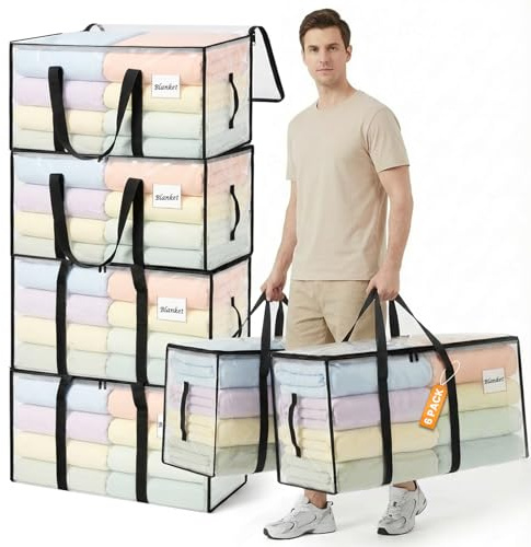 RICHER HOUSE 90L Heavy Duty Moving Boxes, Clothes Storage Bag, 6 Pack,Clear | Foldable, Reusable Moving Bags with Lid & Backpack Straps, Waterproof Packing Bags for College Dorm, Camping, Holiday Decor