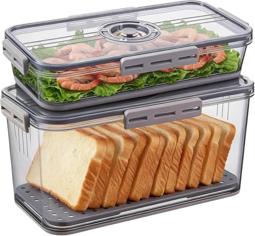 Tel Charme * Airtight Bread Box Set (Large & Small), Kitchen Countertop Storage Container with Time Recorder for Bread, Toast, Bagel, Cookies, Fruits & Vegetables, Keeps Food Fresh & Moisture-Proof
