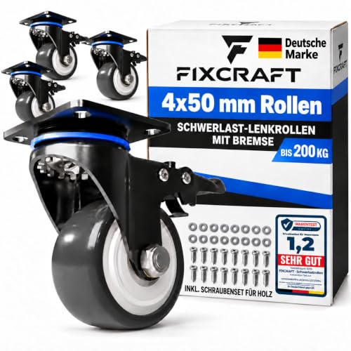 FIXCRAFT® 4 Schwerlastrollen mit Bremse [50mm] bis zu 200kg - Lenkrollen | Transportrollen, Möbelrollen, Bockrollen, Räder | Rostfreie Rollen Indoor + Outdoor | Für Werkstatt, Paletten