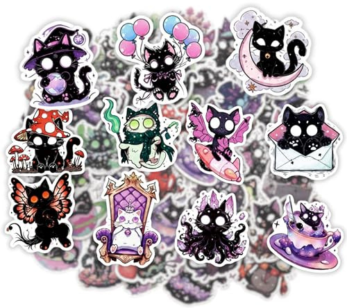 Mazo Moon 50 x Spooky Scared Cat Stickers Pack: Cute Gothic Cartoon Cat Vinyl Stickers | Waterproof & Reusable | Laptop, Water Bottle, Phone, Journal & Gift Stickers