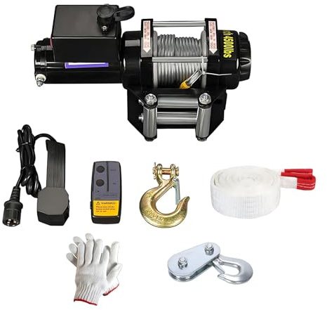 Potente Cabrestante Eléctrico 12V 24V 4500lb 6000lb para Tracción de Vehículos, Kit Rescate con Mando Inalámbrico, Cable Acero e IP67 Impermeable para 4x4 Off-Road(4500LB,12V)