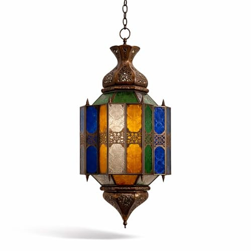 Paralume Lanterna Marocchina Grande 33x75cm Vetri Decorati Multicolor Lampada Orientale Traforata Sospensione Etnica 237181555