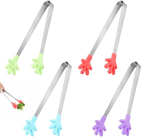 Seefey 4er Set Mini Zuckerzangen, Edelstahl Silikon Lebensmittelzunge mit Handgriff,bunten Candy Bar, Lustige Hand-Zangen für Fingerfood Zubehör für Buffet, Kuchen, Gebäck, Obst & Snacks