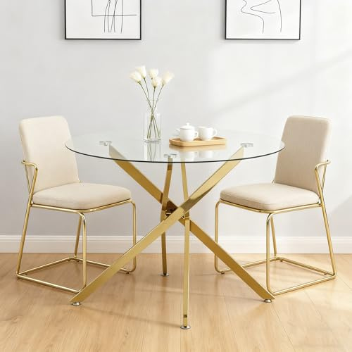 LLGWGL Mesa de comedor redonda de 80 cm, mesa de cristal minimalista con estructura de metal dorado, patas ajustables en altura para comedor y salón, color dorado