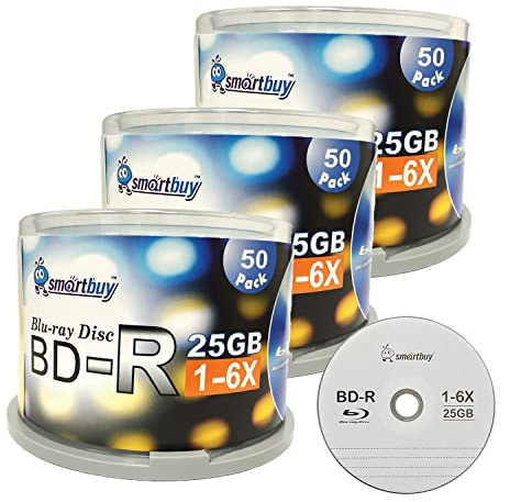 Smartbuy 150 Pack Bd-r 25gb 6X Blu-ray Single Layer Recordable Disc Logo Top Blank Data Video Media 150 Disc Spindle