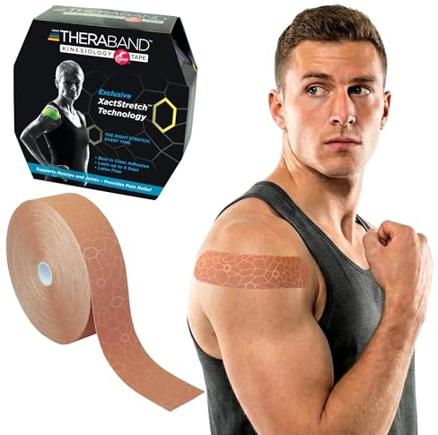 THERABAND Kinesiology Tape, Beige/Beige, 2'' X 103.3 Foot Bulk Roll, with XactStretch Indicators, Long-Lasting Athletic Tape for Shoulder & Knee, Latex-Free Sports Tape, Water Resistant, Cut-to-Length