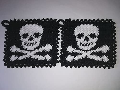 Storchenlädchen 1 Paar Topflappen Totenkopf mit Knochen gehäkelt Handarbeit Pirat Gotik