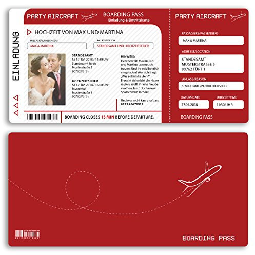 (60 x) Hochzeitseinladungskarten Flugticket Boarding Pass rot Einladungskarten Hochzeit