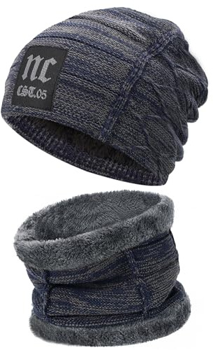 Bequemer Laden Mütze Herren Winter Warm Beanie Wintermütze Loop Schal Set | Thermo Herren Wintermütze Strickmütze und Schlauchschal Winterschal Strickschal Fleece Gefütterte Geschenke für Männer