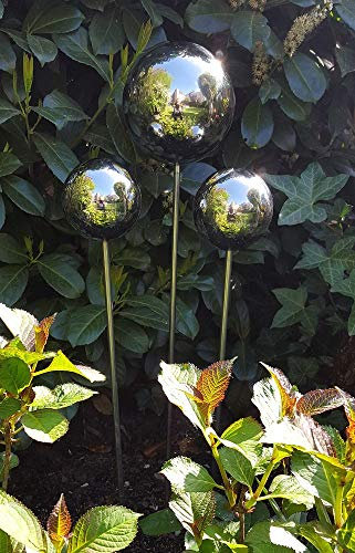 AWEHIRU Garten-wohnambiente Rosenkugel 3er Set 15-10-10 cm Edelstahl poliert Dekokugel Kugel mit Stab 80 cm