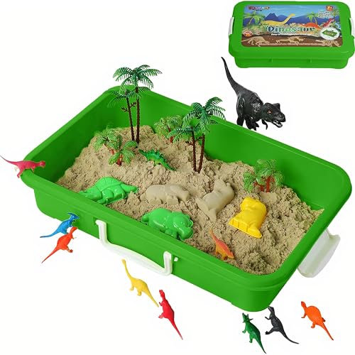 Build Me Sand-Set – Säckchen mit Sand und Spielzeug – fühlt Sich an wie nassem Sand ohne das Chaos – kommt mit einem Eimer, Deckel, Dinosaurier-Figuren, Dino-Formen, Bäume und Zäune