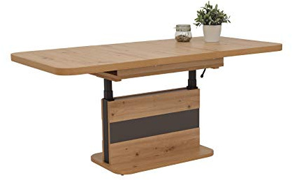 Hela Tische, Funktionscouchtisch Gustav, Holzwerkstoff melaminbeschichtet, Eiche-Dekor, ausziehbar 110-150cm, höhenverstellbar mit Lift 58-76cm