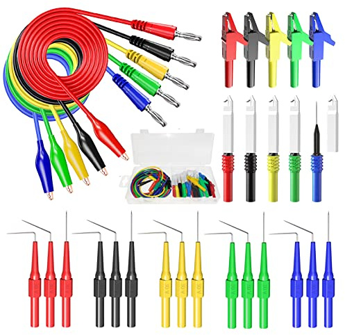 Cleqee Back Probe Kit 30PCS Automotive Test Leads Set 5 Colours | Banana Plug to Copper Alligator Clip, Wire Piercing Probes, 15PCS 30V Back Probe Pins, For Car Repairing Diagnostic