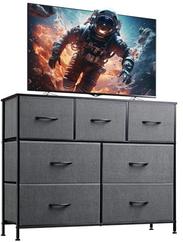 WLIVE 7 Drawer Dresser TV Stand, Entertainment Center, Media Console Table with Metal Frame and Wood Top for TV up to 45 inch, Chest of Drawers for Bedroom, Living Room, Dark Grey
