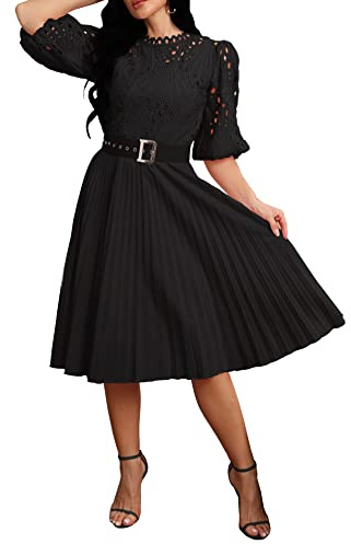 IWFEV Lace Pleated Dress Puff Sleeve Mid-Calf Short Sleeve Midi Dress Hollow Party Evening Dress XXL Black