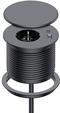 Dinolink Einbausteckdose mit Deckel, 2 USB, Schuko, Ø 80 mm,Schwarz | Spritzwasserschutz bei geschlossenem Deckel, 1 Schuko, 1 USB-C, 1 USB-A, 1,5 m Kabel, für Tischplatten.