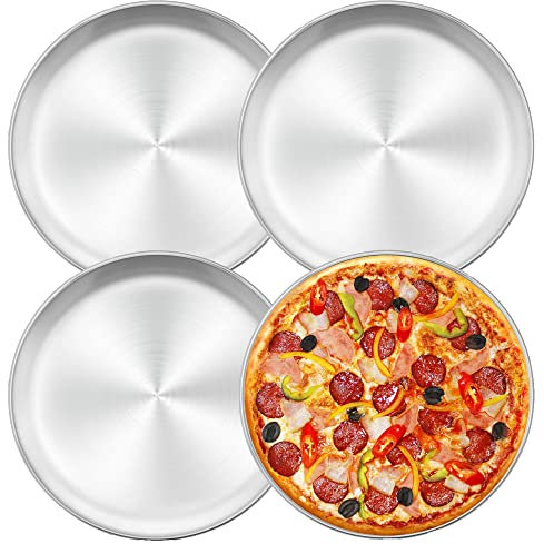 Herogo Pizzablech 4er Set, 30 cm Rund Edelstahl Pizzaform, Pizzablech für Backofen, Backen, Servieren, Braten, Ungiftig & Gesund, Langlebig & SpÜLmaschinenfest (Metall Silber)