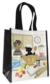 KIUB Einkaufstasche aus recyceltem Material – Motiv Gebäckkatze in Aktion in der Küche – Format 30 x 26 cm mit einer Dicke von 16 cm, weiß, S