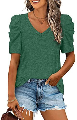 Maglietta Manica Corta Donna T-Shirt Maniche a Sbuffo con Scollo a V Casual Larghe Maglia Camicia Estive Elegante Top Tinta Unita Moda Top Blouse Blusa Tops