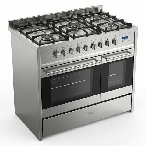 Gurari Edelstahl Standherd 90 cm GCH E 916 X Gasherd mit 2 Elektro Backöfen, 5 Gasbrenner, Gusseisenroste, Multifunktionsbackofen 59L + 30L, Erdgas/Propangas, Range Coocker Inkl. WOK Adapter