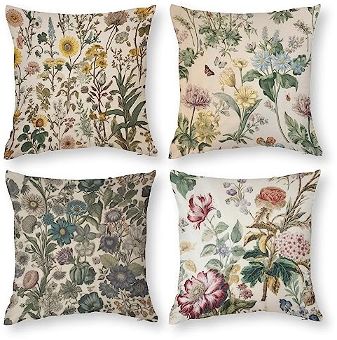MaSiledy Set of 4 Pillow Cover Herbs and Wild Flowers Botanical Plants Bed Pillows Decorative Spring Floral Decorative Pillows for Couch Pillow Protectors Hotel Cafe Car Sofa