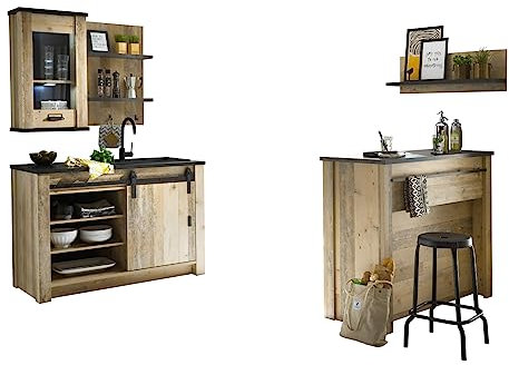Furn.Design Küche mit Theke Used Wood hell Holz und anthrazit/grau Küchenschrank komplett Set 5-teilig Kücheneinrichtung Landhaus mit Scheunentorbeschlag (Set3 5 teilig ohne Bleuchtung)
