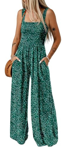 Dokotoo Womens Overalls Green Jumpsuits for Women Casual Loose Fit Solid Color Wide Leg One Piece Sleeveless Jumpsuit Printed Long Pant Rompers with Pockets Medium