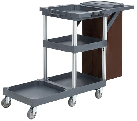 Commercial Traditional Cleaning Janitorial 3-Shelf Cart on Wheels, 300 Lbs Capacity Housekeeping Cart, Wheeled with 25 Gallon Zippered VinylBag and Cover w Lid, Heavy-Duty