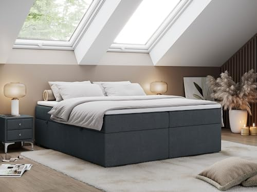 MKS MEBLE Boxspringbett 200x200 cm ohne Kopfteil mit Bettkasten, Premium Multipocket Matratze H3, mit Topper T25, Stauraumbett BESS - Dunkelgrau Strukture