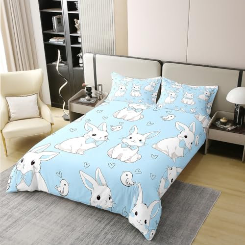 richhome Nettes Kaninchen 100% Bio-Baumwolle Tröster Bezug Cartoon Tiere Vögel Bettbezug Set 200x200 für Schlafzimmer Aquarell Blau Bettwäsche Set mit 2 Kissenbezügen