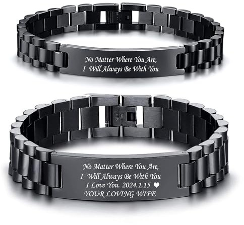 Paar Armband Schwarz Personalisiertes : Geschenk Armkette für Herren Damen Edelsathl 21.5cm Gravur Männer Frauen Glieder armbänder Junge Schmuck für Papa Sohn Geburtstagsgeschenk Vatertagsgeschenk