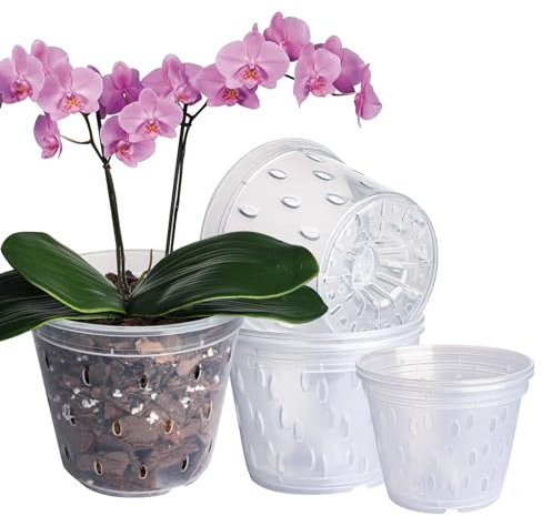 GOTVUGE Orchid Pots Variety 5 Packs (4.3in x 3, 5in x 2), Clear Orchid Planter Pots with Holes for Repotting, Clear Nursery Pots for Orchid Repotting Kit
