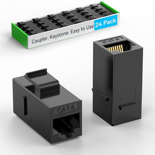 Sokqovt CAT6 RJ45 Keystone Coupler (24 Pack), Cat6 Keystone Jack Female to Female, Cat 6 Inline Keystone Jacks for Wall Plate & Patch Panel, RJ45 Ethernet Coupler Black