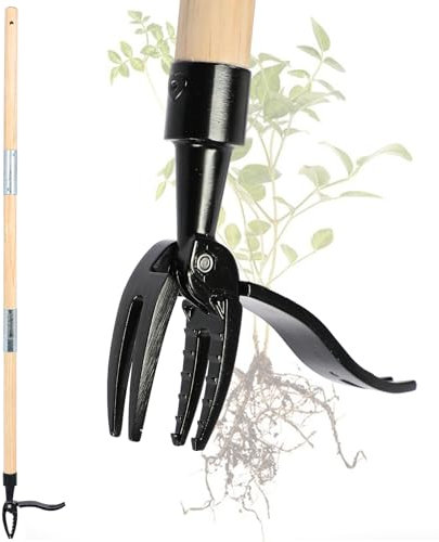 Weed Puller, Standing Weeder Tool, 3.66 FT Long Wooden Handle Weed Remover Tool, 3-part Detachable Garden Weeding Tools, with Foot Plate and 4 Claws for Garden Lawn Farmland Transplant Gardening