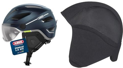ABUS Stadthelm Pedelec 2.0 ACE - Fahrradhelm mit Rücklicht, Visier, Regenhaube, Ohrenschutz - für Damen und Herren - Blau Matt, Größe M​ & Winter Kit Fahrradhelm, Schwarz (Black), M