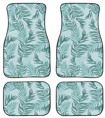 Amzbeauty Tapetes de piso de automóvil con estampado de hojas tropicales, ajuste universal, 4 piezas, parte delantera y trasera, color verde mate