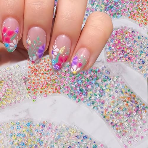 Kabwea 60 feuilles de fleurs autocollantes pour ongles, Charms 3D autocollants marguerites, ongles