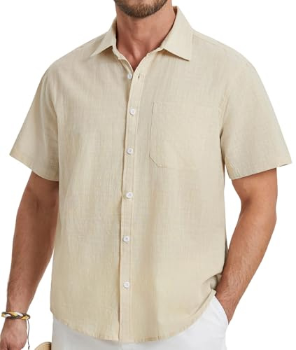 HISDERN linneskjorta herr kortärmad skjorta fritidsskjorta affärsskjorta sommarskjorta med bröstficka casual skjortor normal passform S–4XL, Beige-1, XXL