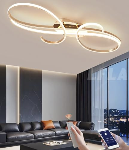 LFLA L100cm Dimmbar LED Deckenleuchte 108W Moderne Gold Wohnzimmerlampe mit Memory Funktion Deckenlampe Energiesparlampe Schlafzimmer Esszimmer Büro Beleuchtung mit Fernbedienung 3000-6000K
