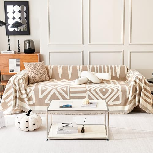 TAOTAOGO Sofaüberzug für 3/4 Sitzer, L-förmige Ecksofas, Boho AB Seiten Chenille Sofa Überwurfdecke, Waschbar Sofaüberwurf, Ganzjährig Nutzbar Couchüberzug mit Quasten, A Khaki 180x340cm