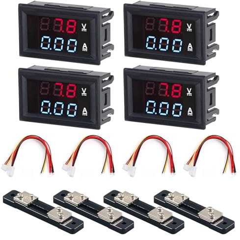 4 unidades LED Digital Voltímetro Amperímetro, DC 0-100V 50A voltios Amperios Medidor con derivación Rojo y Azul Detector Voltaje Amperios Medidor de Corriente Panel Multímetro Indicador de Voltaje