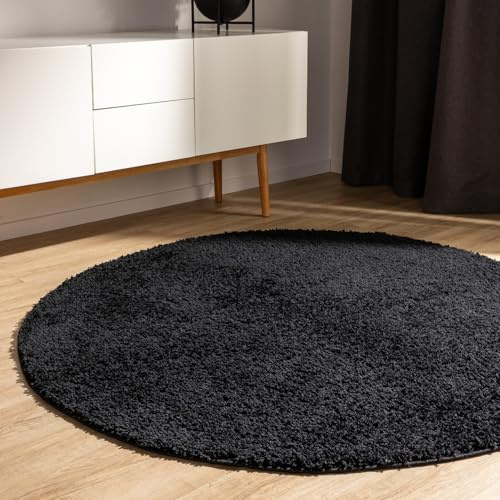 benuta Basic Hochflorteppich Teppich Wohnzimmer Sohari - Schwarz 80 cm Rund - Minimalistischer Look - Weich & Waschbar - Für Schlafzimmer, Flur oder Esszimmer - Geeignet für Fußbodenheizung