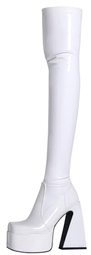 Roimaash Women's Thigh High Heels Latex Boots Over-the-knee Boots High Knee Boots Platform Stretch Botas para Mujer Tall Boots Pole Dance Patent White Size 38