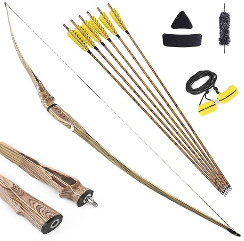 Archery Takedown Traditional Longbow Recurve Bow and Arrows Set, 60” 62 64 Detachable Hunting Bow Triangle Long Bow 20-50lbs Wooden Horsebow for Adult Hunting Practice (64 /Bow Set, 50lbs)