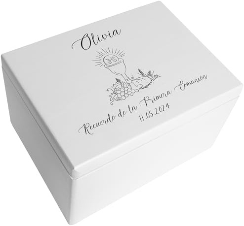 Creative DECO Blanca Caja Regalo Personalizada Primera Comunión Niños Niñas | Caja de Memoria de Madera | Personalizado - Cáliz | Impreso | Personalizadas para Niño y Niña | Personalizados