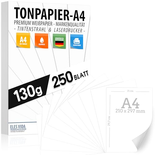 250 BLATT weißes Tonzeichenpapier 130g/m² - PREMIUM PAPIER Reinweiß DIN A4 | 21 x 29,7 cm - Druckerpapier Weiss unbedruckt für Fotografie, Präsentationen, Basteln, FOTOKARTON, MADE IN GERMANY