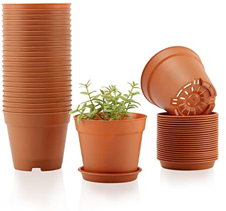 FORAGIFT 10cm Small Plant Pots, 24 Pack Plastic Herb Pot with Drainage Hole and Tray, Seed Seedling Pots Flower Nursery Pots for Vegetables, Flowers, Cactus, Cuttings, Succulent, Terracotta