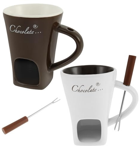 2Pcs Chocolate Fondue Mug with Fork Ceramic Cheese Melting Cup Butter Warmer Set Chocolate Fondue Set Melt Hot Pot Bowl Set Chocolate Melting Mug Warmer Mug for Candy Snack Caramel Party